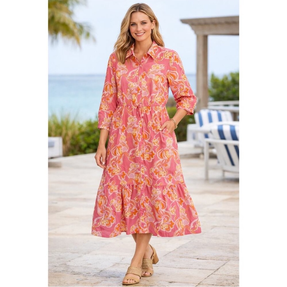 J. McLaughlin Linen Blend Shirt Dress Pink and Orange Floral Button-Front